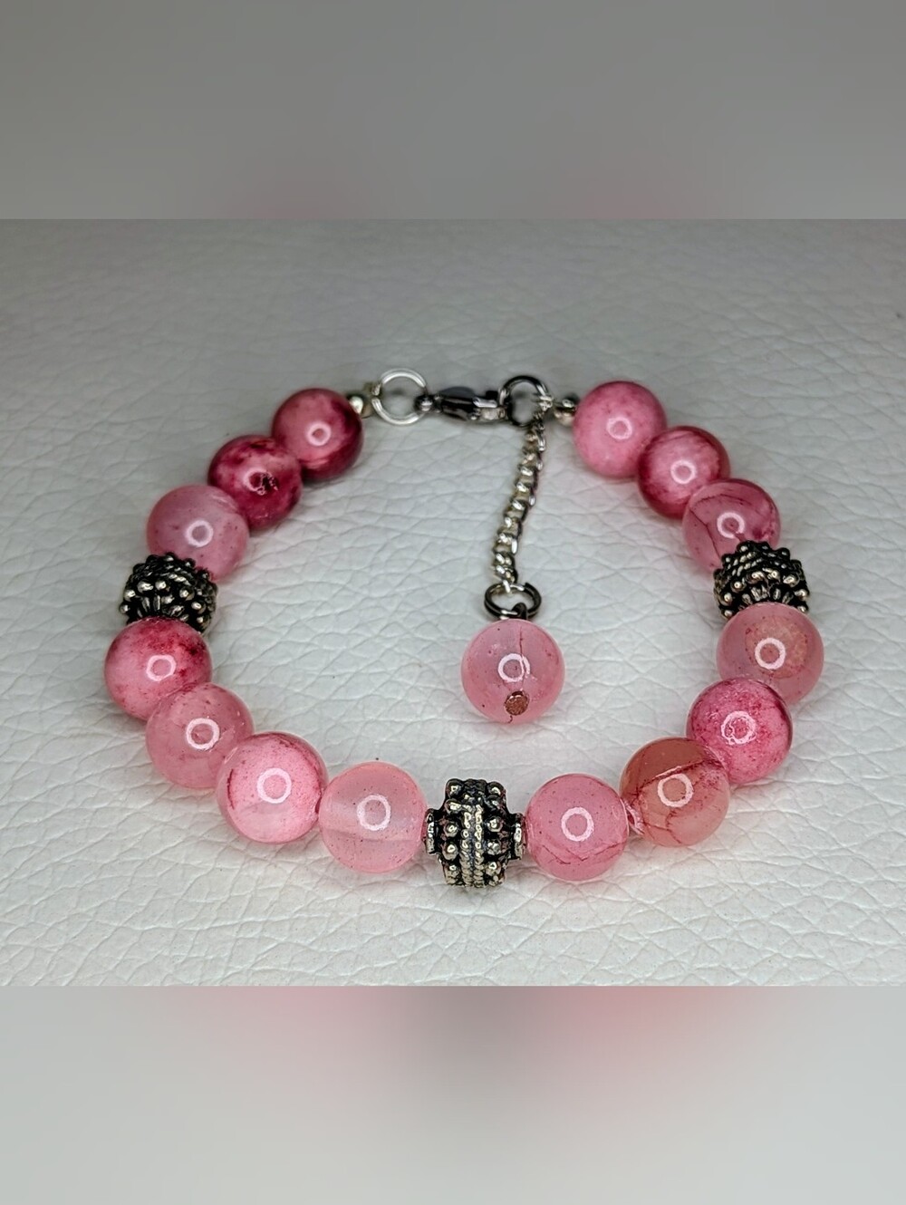 Handmade Rosy Pink Rhodonite In Quartz Beaded Bracelet with Silver Accents